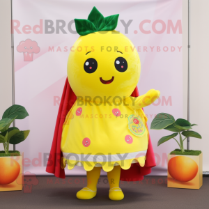 Lemon Yellow Strawberry mascot costume character dressed with a Dress and Scarves