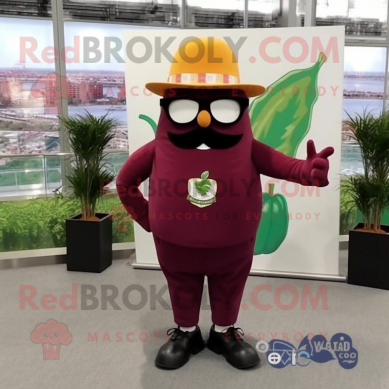 Maroon Squash mascot costume character dressed with a Suit Pants and Sunglasses