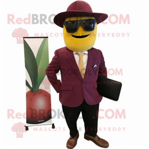 Maroon Squash mascot costume character dressed with a Suit Pants and Sunglasses