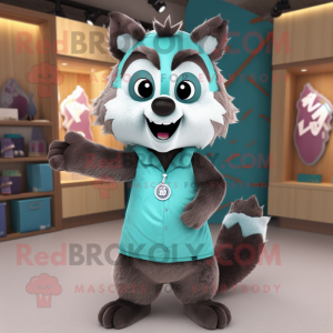 Teal Raccoon mascot costume character dressed with a Dress and Foot pads