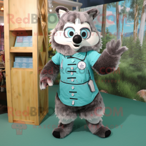 Teal Raccoon mascot costume character dressed with a Dress and Foot pads