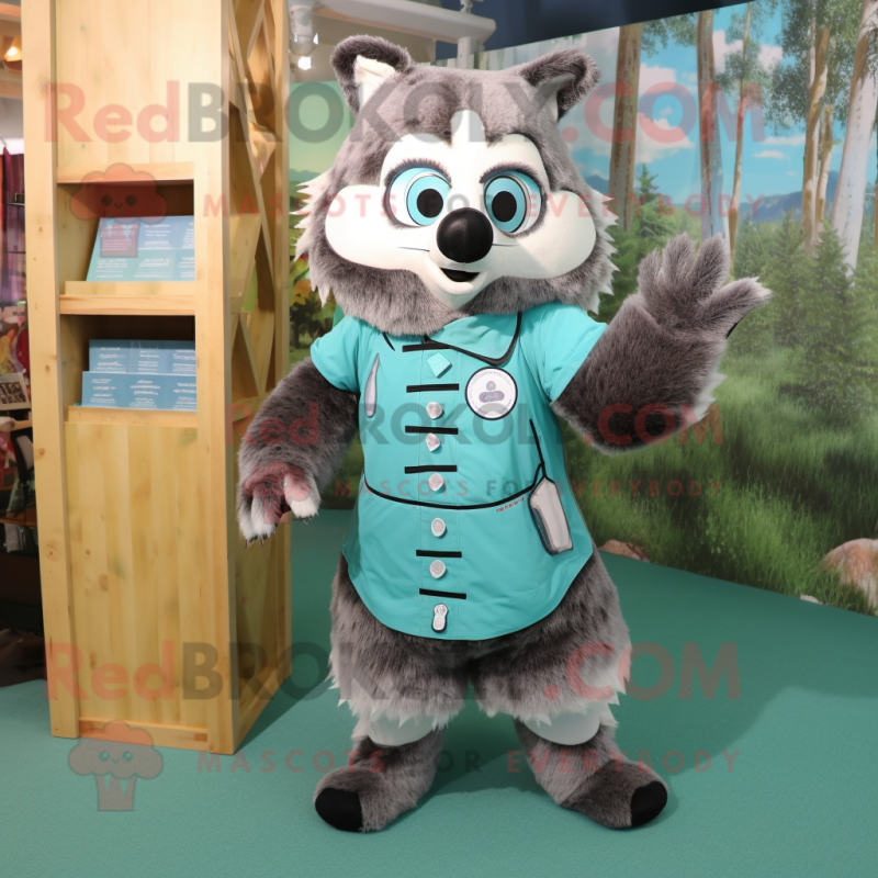 Teal Raccoon mascot costume character dressed with a Dress and Foot pads Teal Raccoon mascot costume character dressed with a Dress and Foot pads