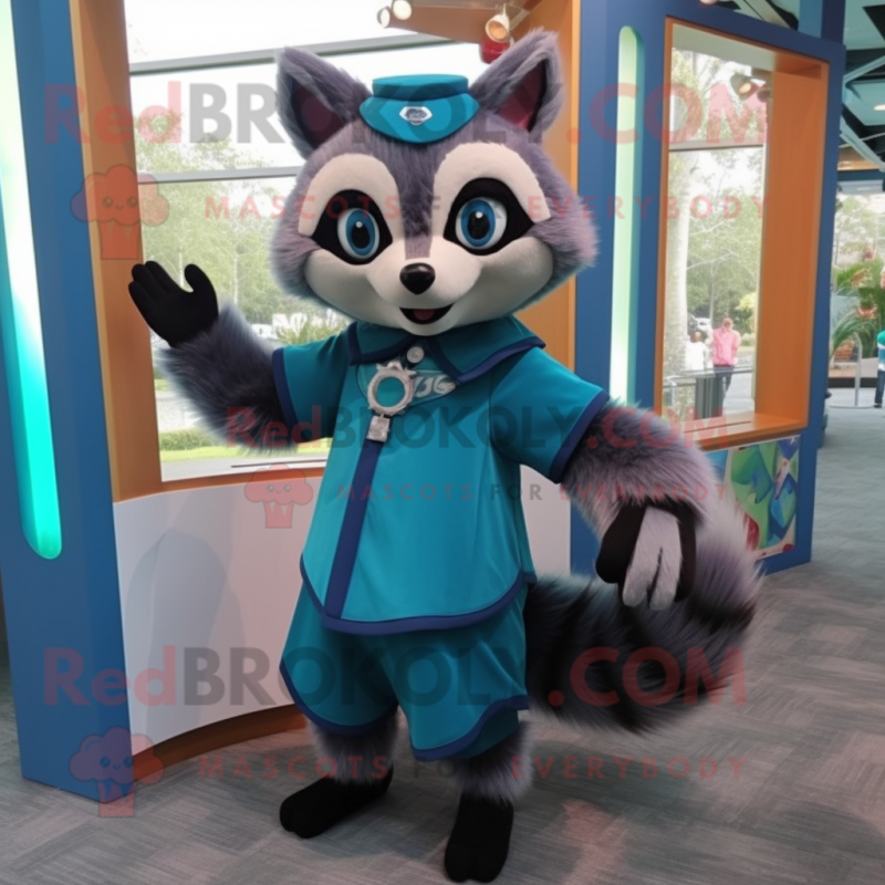 Teal Raccoon mascot costume character dressed with a Dress and Foot pads