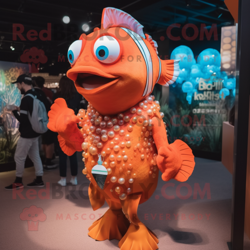 Rust Clown Fish mascot costume character dressed with a Suit and Necklaces
