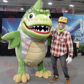 Lime Green Megalodon mascot costume character dressed with a Flannel Shirt and Berets