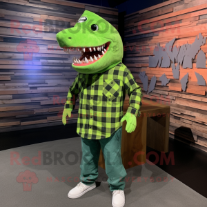 Lime Green Megalodon mascot costume character dressed with a Flannel Shirt and Berets