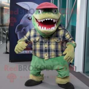 Lime Green Megalodon mascot costume character dressed with a Flannel Shirt and Berets