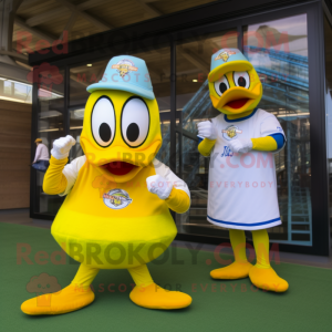 Lemon Yellow Swans mascot costume character dressed with a Baseball Tee and Digital watches