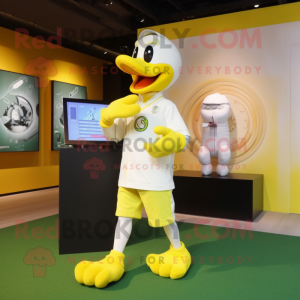 Lemon Yellow Swans mascot costume character dressed with a Baseball Tee and Digital watches