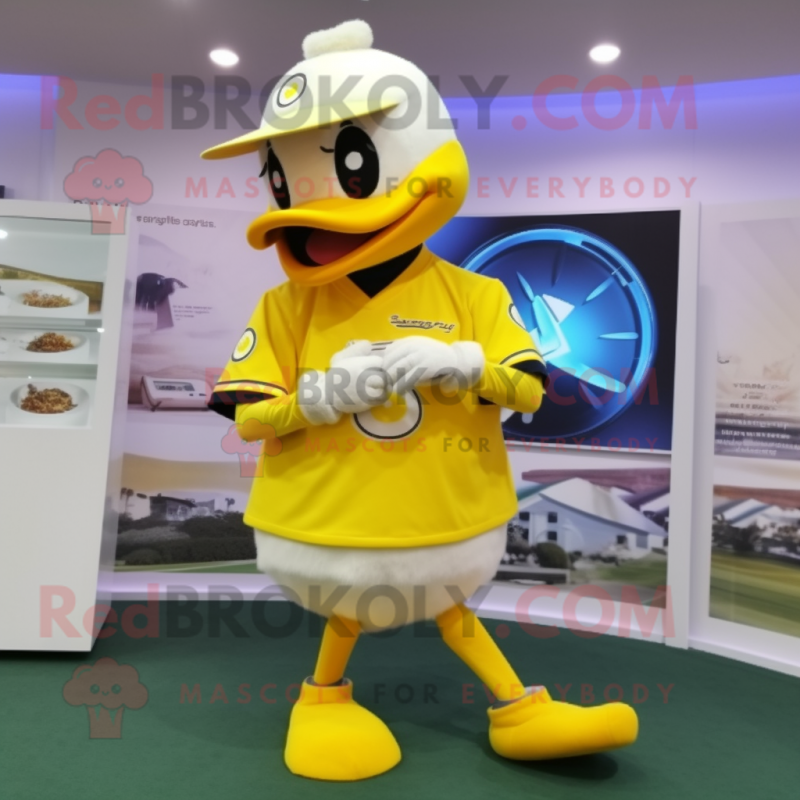 Lemon Yellow Swans mascot costume character dressed with a Baseball Tee and Digital watches Lemon Yellow Swans mascot costume character dressed with a Baseball Tee and Digital watches