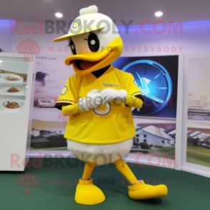 Lemon Yellow Swans mascot costume character dressed with a Baseball Tee and Digital watches