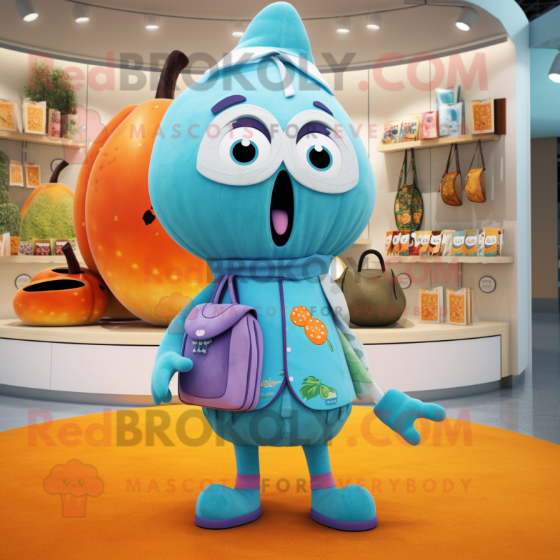 Cyan Apricot mascot costume character dressed with a Playsuit and Handbags Cyan Apricot mascot costume character dressed with a Playsuit and Handbags