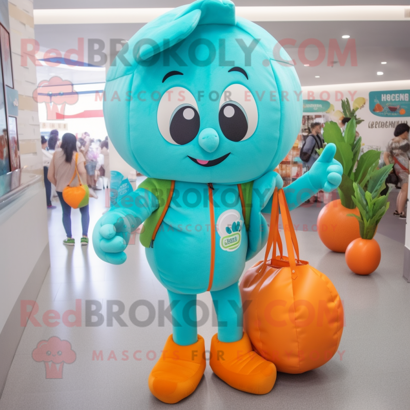 Cyan Apricot mascot costume character dressed with a Playsuit and Handbags Cyan Apricot mascot costume character dressed with a Playsuit and Handbags