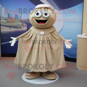 Tan Oyster mascot costume character dressed with a Maxi Skirt and Cufflinks