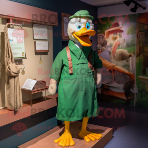 Green Muscovy Duck mascot costume character dressed with a Dungarees and Shawl pins