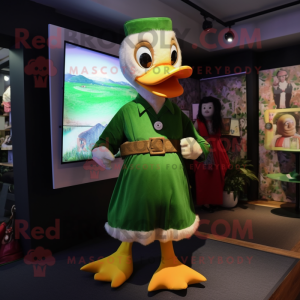 Green Muscovy Duck mascot costume character dressed with a Dungarees and Shawl pins