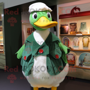 Green Muscovy Duck mascot costume character dressed with a Dungarees and Shawl pins