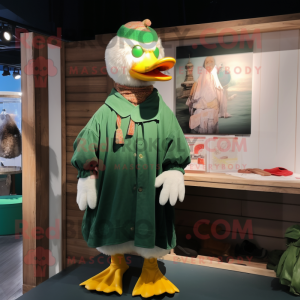 Green Muscovy Duck mascot costume character dressed with a Dungarees and Shawl pins