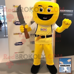 Yellow Knife Thrower mascot costume character dressed with a Henley Tee and Shoe clips