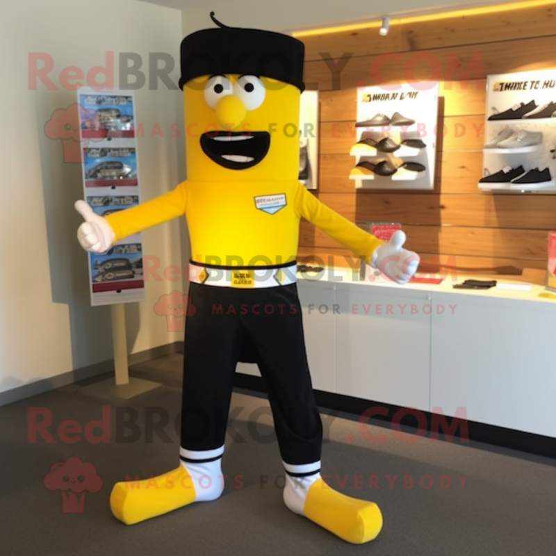 Yellow Knife Thrower mascot costume character dressed with a Henley Tee and Shoe clips