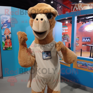 Tan Camel mascot costume character dressed with a Graphic Tee and Hair clips