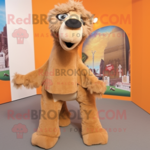Tan Camel mascot costume character dressed with a Graphic Tee and Hair clips