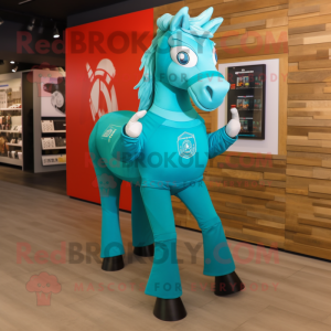 Turquoise Horse mascot costume character dressed with a Shorts and Brooches
