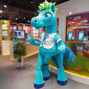 Turquoise Horse mascot costume character dressed with a Shorts and Brooches