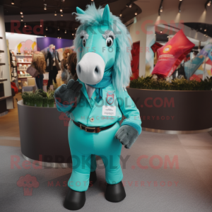 Turquoise Horse mascot costume character dressed with a Shorts and Brooches