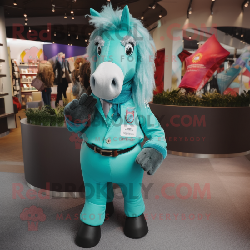 Turquoise Horse mascot costume character dressed with a Shorts and Brooches