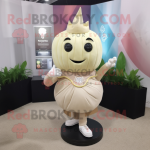 Beige Beet mascot costume character dressed with a Mini Skirt and Bracelet watches