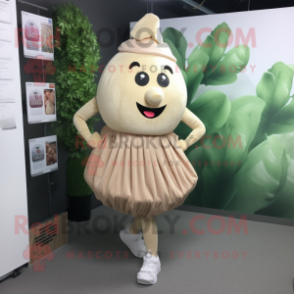 Beige Beet mascot costume character dressed with a Mini Skirt and Bracelet watches