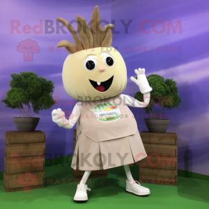 Beige Beet mascot costume character dressed with a Mini Skirt and Bracelet watches