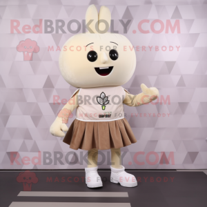 Beige Beet mascot costume character dressed with a Mini Skirt and Bracelet watches