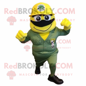 Lemon Yellow Green Beret mascot costume character dressed with a Running Shorts and Ties