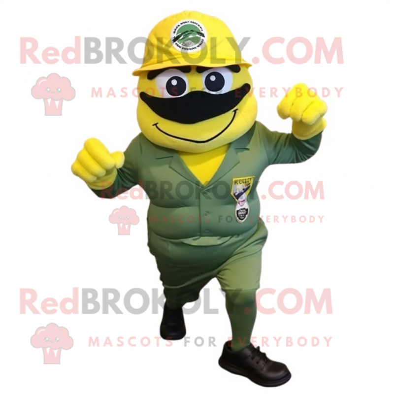 Lemon Yellow Green Beret mascot costume character dressed with a Running Shorts and Ties Lemon Yellow Green Beret mascot costume character dressed with a Running Shorts and Ties