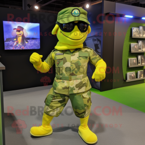 Lemon Yellow Green Beret mascot costume character dressed with a Running Shorts and Ties