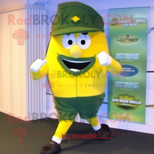 Lemon Yellow Green Beret mascot costume character dressed with a Running Shorts and Ties