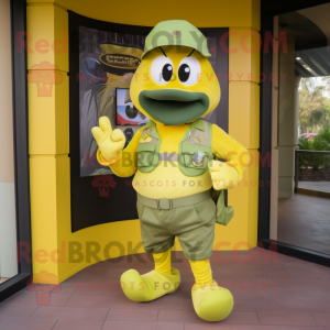 Lemon Yellow Green Beret mascot costume character dressed with a Running Shorts and Ties