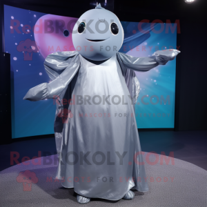 Silver Whale mascot costume character dressed with a Evening Gown and Scarf clips