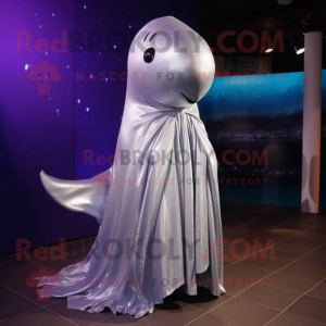 Silver Whale mascot costume character dressed with a Evening Gown and Scarf clips