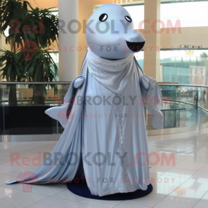 Silver Whale mascot costume character dressed with a Evening Gown and Scarf clips