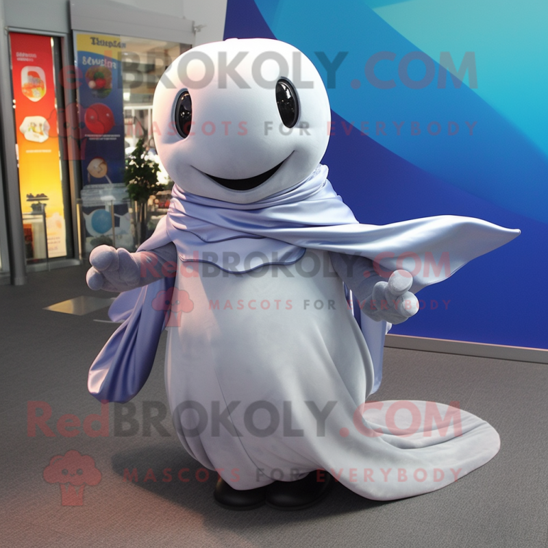 Silver Whale mascot costume character dressed with a Evening Gown and Scarf clips Silver Whale mascot costume character dressed with a Evening Gown and Scarf clips