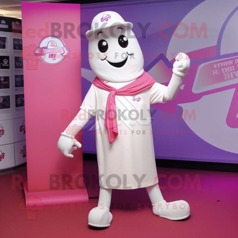 White Pink mascot costume character dressed with a Polo Tee and Shawl pins White Pink mascot costume character dressed with a Polo Tee and Shawl pins