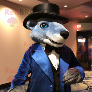 Blue Thylacosmilus mascot costume character dressed with a Tuxedo and Hat pins