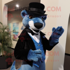 Blue Thylacosmilus mascot costume character dressed with a Tuxedo and Hat pins