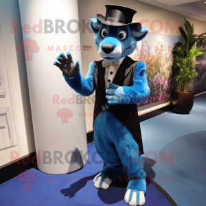 Blue Thylacosmilus mascot costume character dressed with a Tuxedo and Hat pins