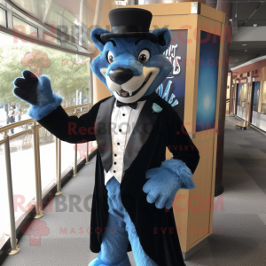 Blue Thylacosmilus mascot costume character dressed with a Tuxedo and Hat pins