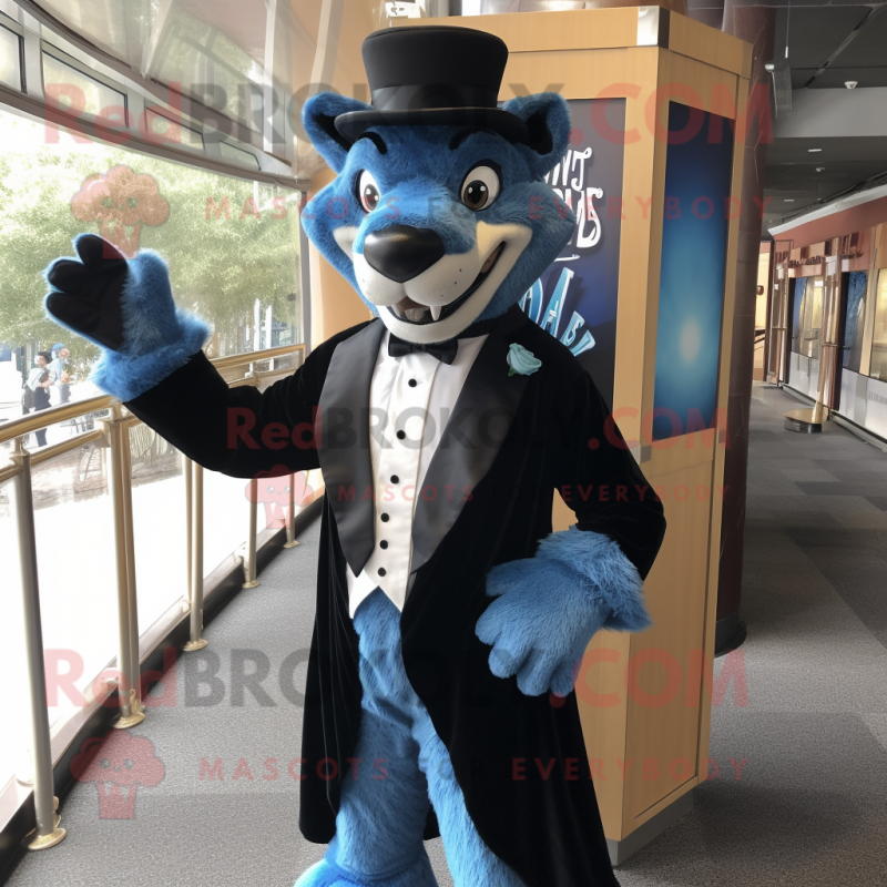 Blue Thylacosmilus mascot costume character dressed with a Tuxedo and Hat pins Blue Thylacosmilus mascot costume character dressed with a Tuxedo and Hat pins