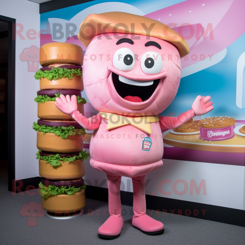 Pink Burgers mascot costume character dressed with a Henley Tee and Ties